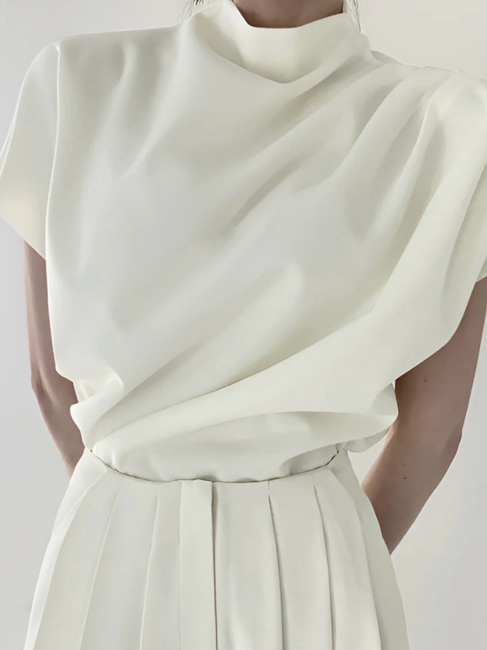 Commense Cream High-Neck Draped Sleeveless Top